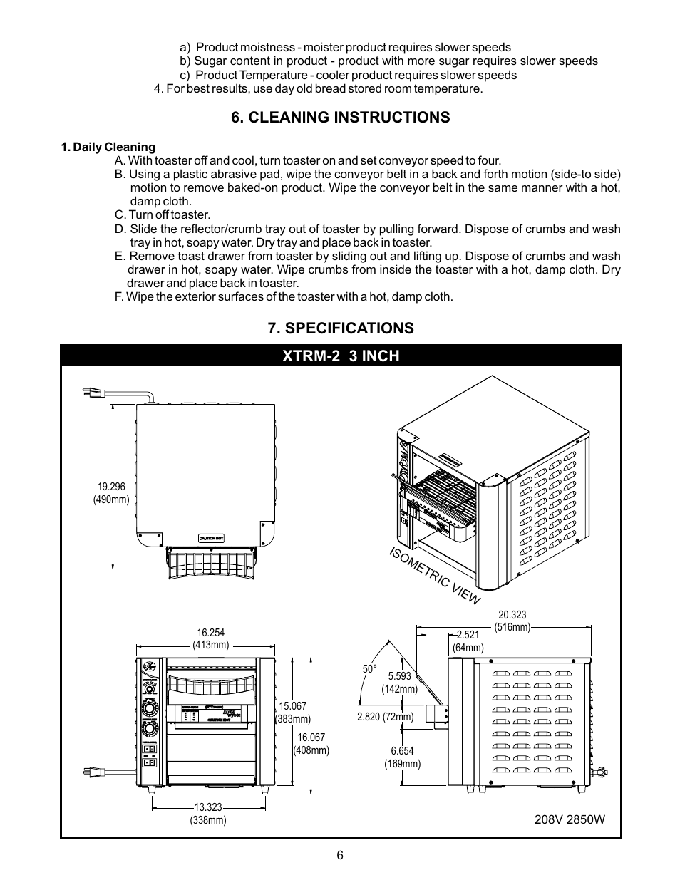 Cleaning instructions, Specifications xtrm-2 3 inch | APW Wyott 93030077 User Manual | Page 6 / 12