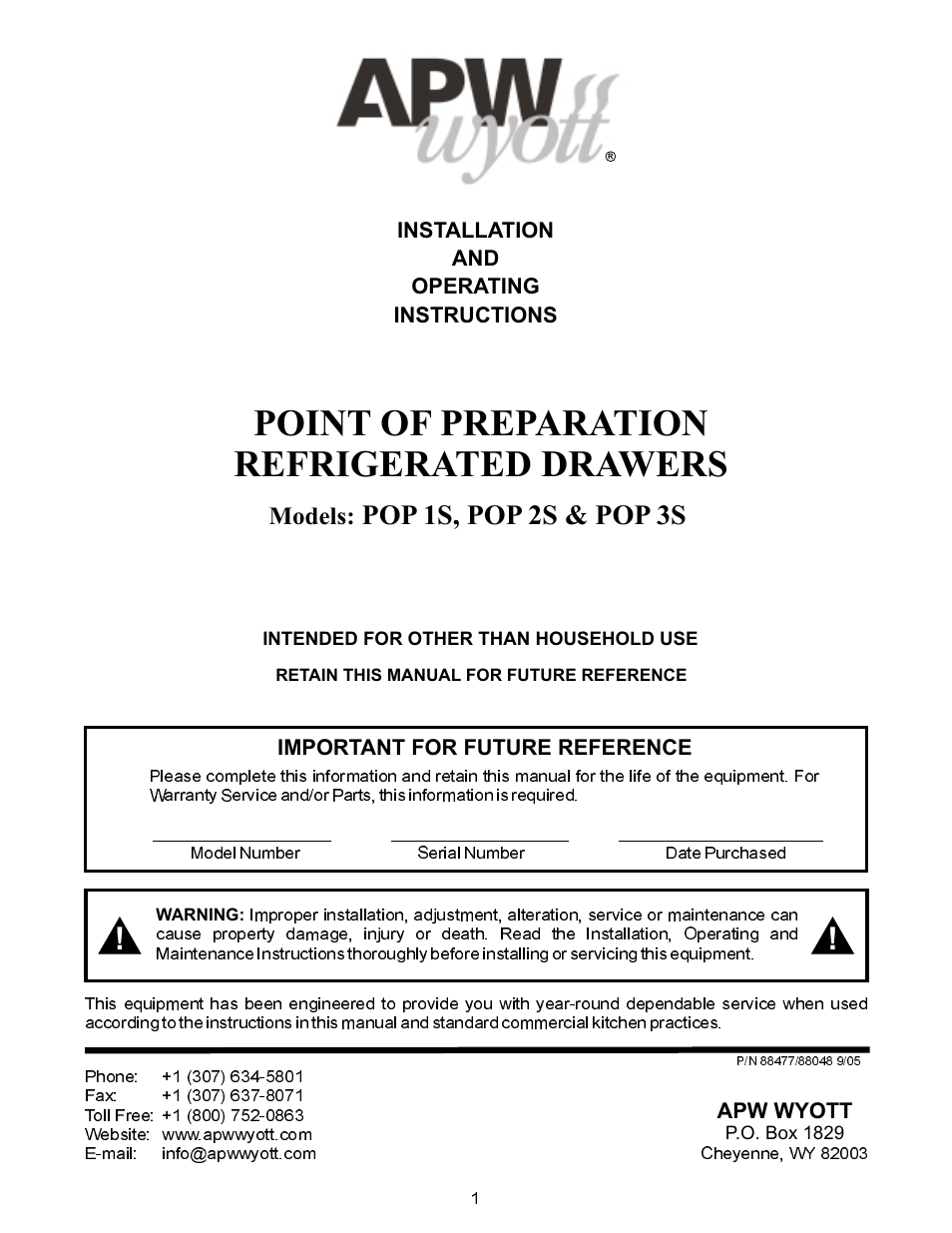 APW Wyott POP 3S User Manual | 4 pages