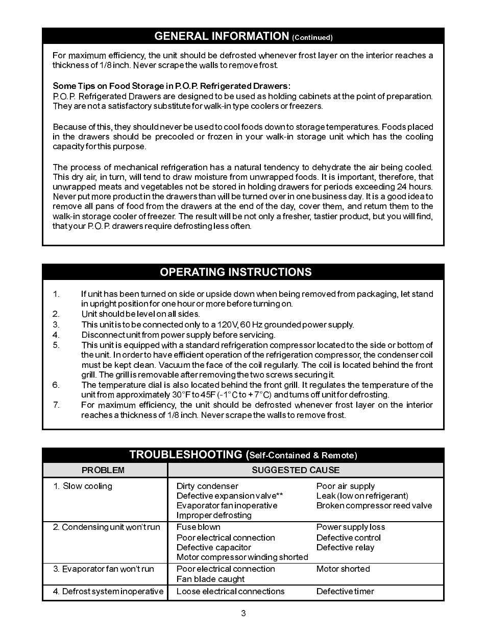 General information, Troubleshooting, Zz z | Operating instructions | APW Wyott POP 3S User Manual | Page 3 / 4