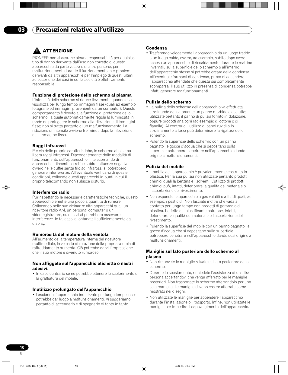 03 precauzioni relative all’utilizzo | Pioneer PDP-505FDE User Manual | Page 10 / 140