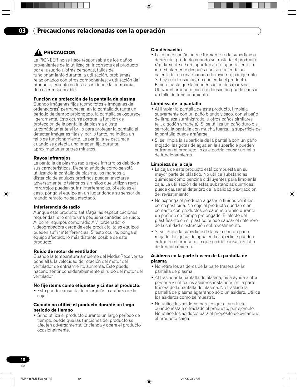 03 precauciones relacionadas con la operación | Pioneer PDP-505FDE User Manual | Page 102 / 140