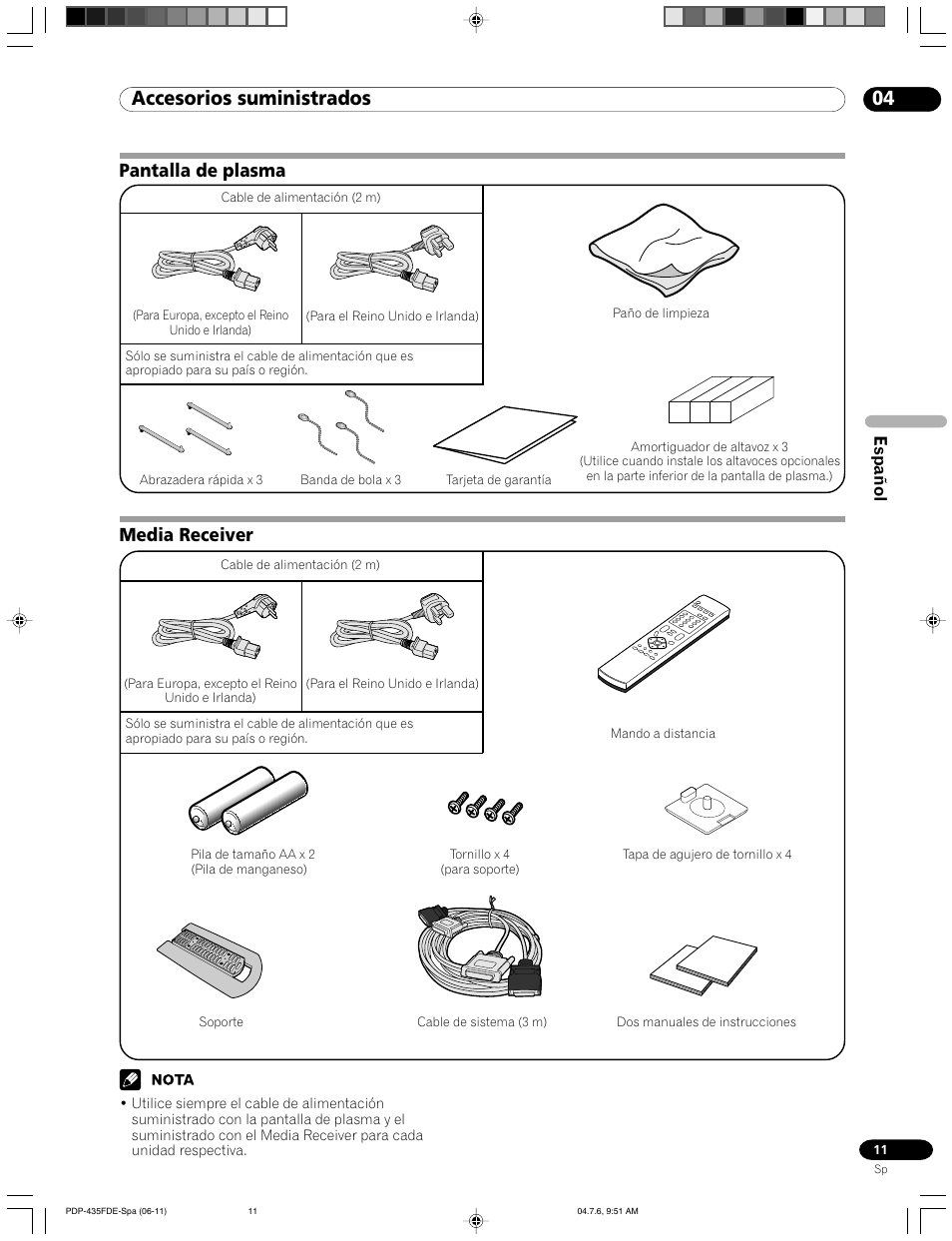 04 accesorios suministrados, Pantalla de plasma media receiver, Media receiver pantalla de plasma | Español | Pioneer PDP-505FDE User Manual | Page 103 / 140