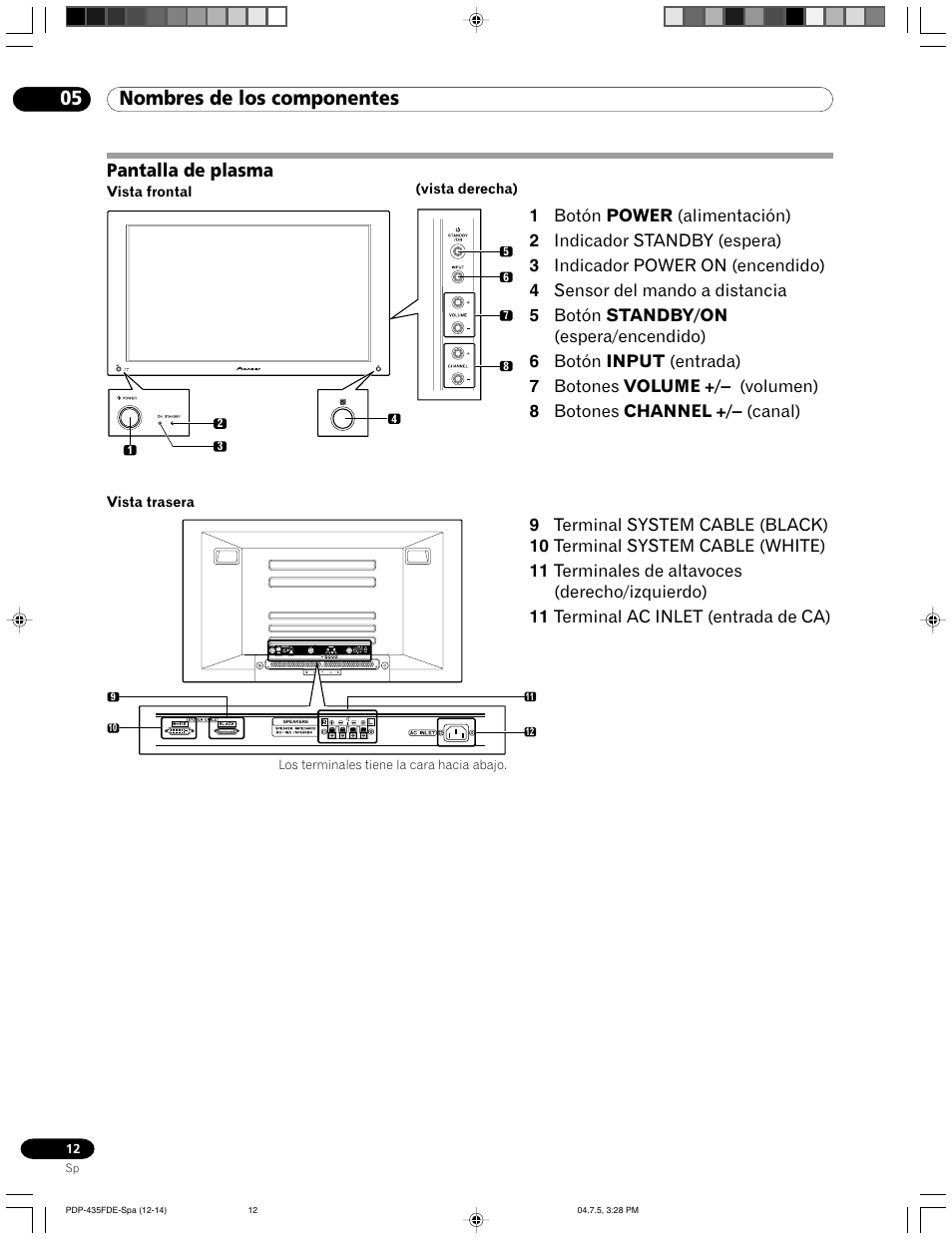 05 nombres de los componentes, Pantalla de plasma | Pioneer PDP-505FDE User Manual | Page 104 / 140