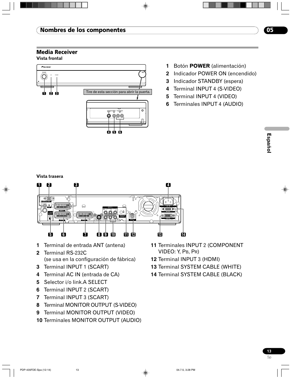 Media receiver, 05 nombres de los componentes, Español | Pioneer PDP-505FDE User Manual | Page 105 / 140