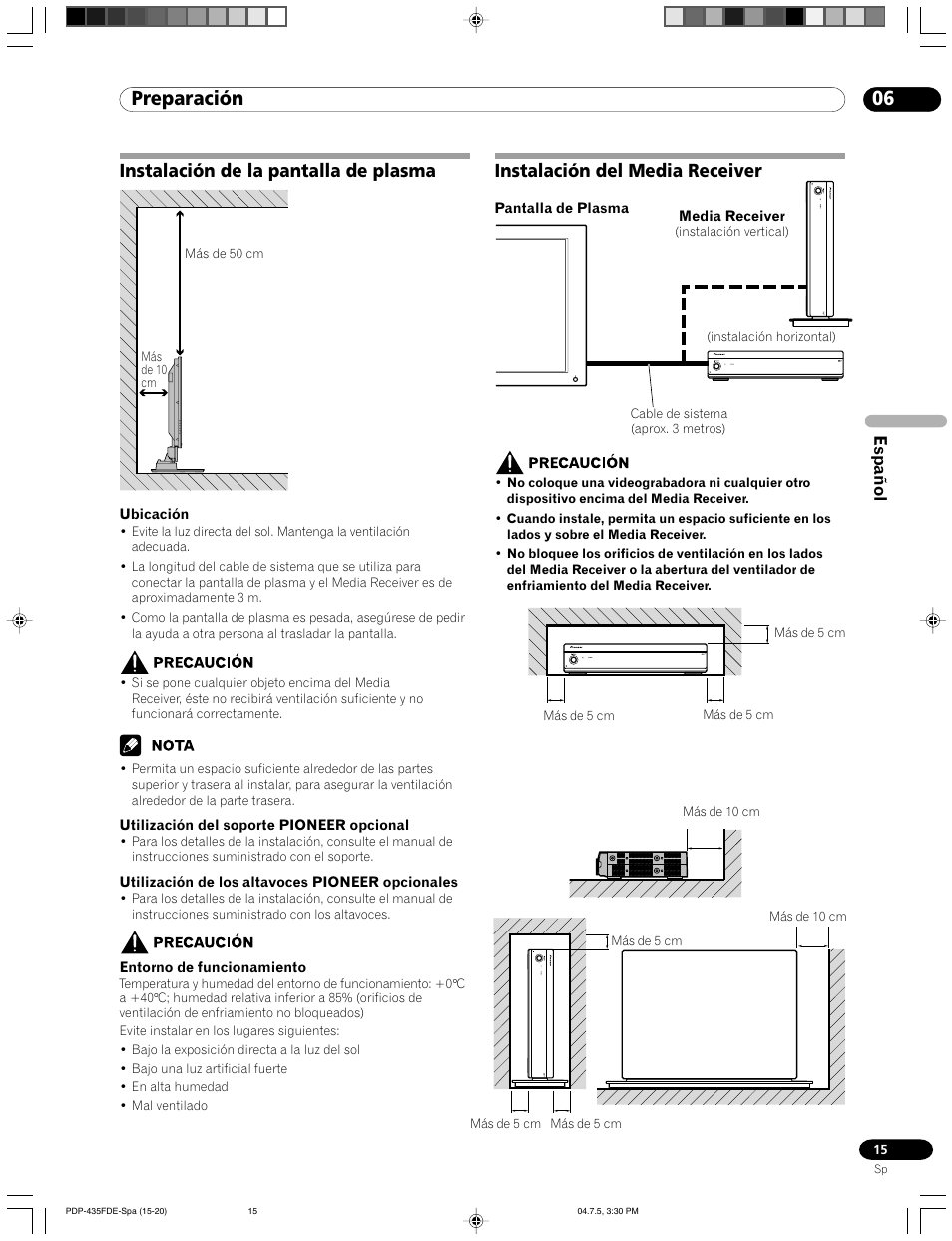 06 preparación, Instalación de la pantalla de plasma, Instalación del media receiver | Español | Pioneer PDP-505FDE User Manual | Page 107 / 140