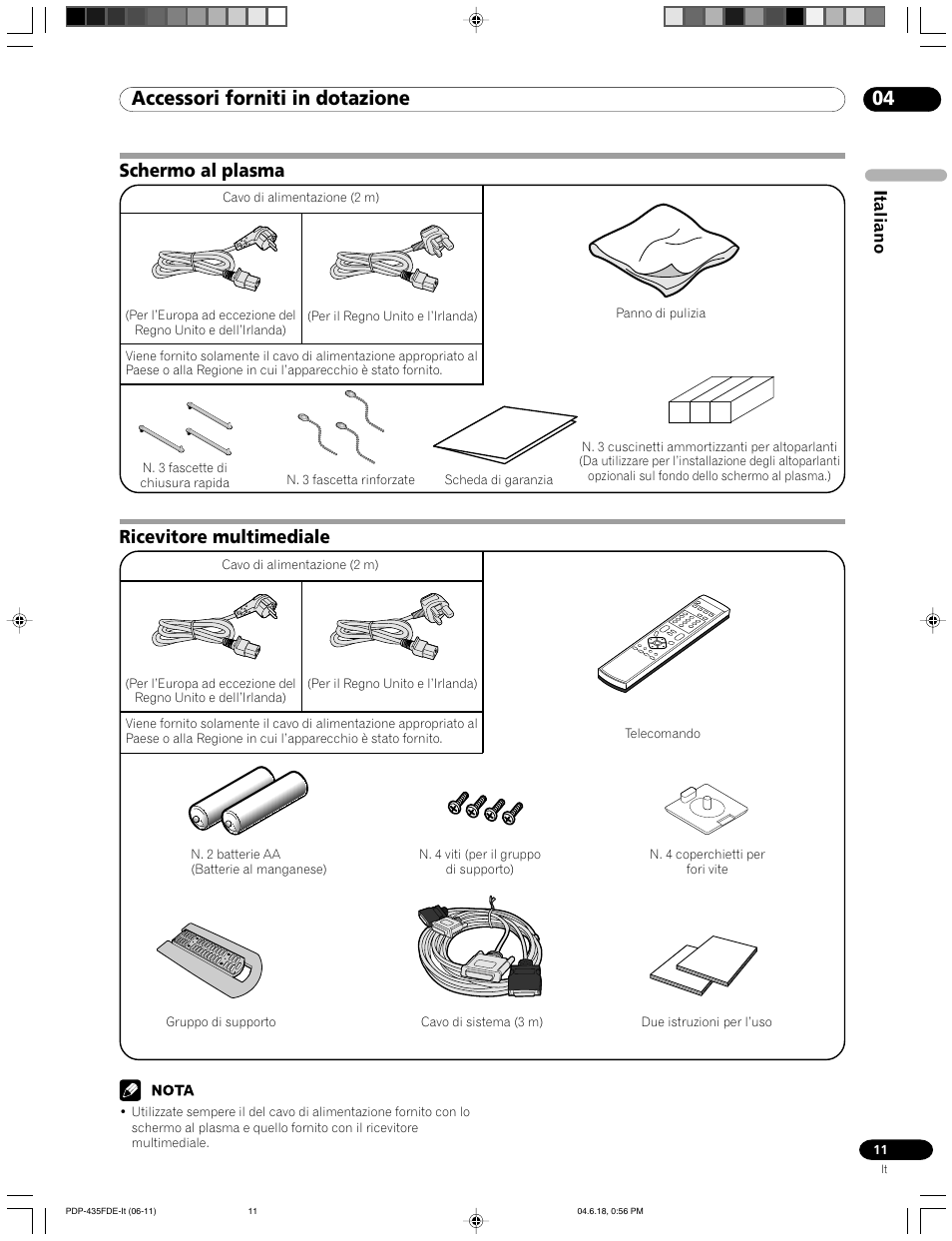 04 accessori forniti in dotazione, Schermo al plasma ricevitore multimediale, Ricevitore multimediale | Schermo al plasma, Italiano | Pioneer PDP-505FDE User Manual | Page 11 / 140