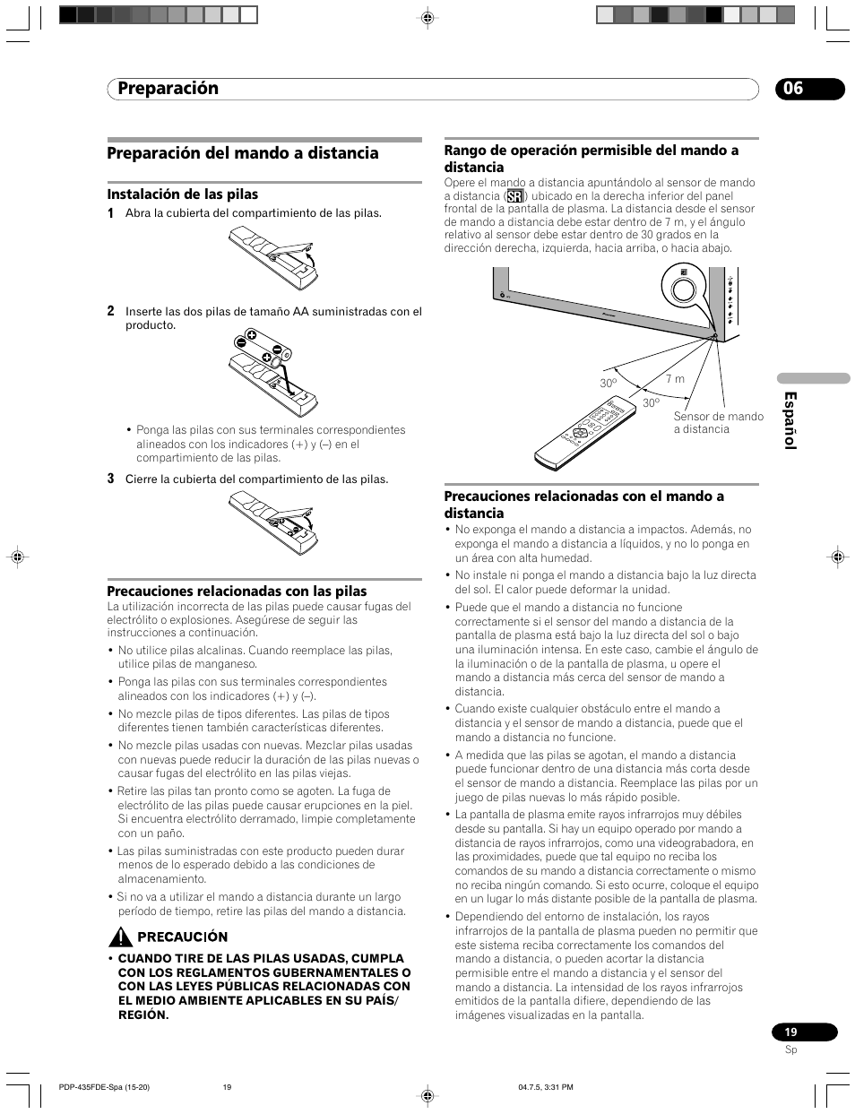Preparación del mando a distancia, 06 preparación, Espa ñ ol | Pioneer PDP-505FDE User Manual | Page 111 / 140