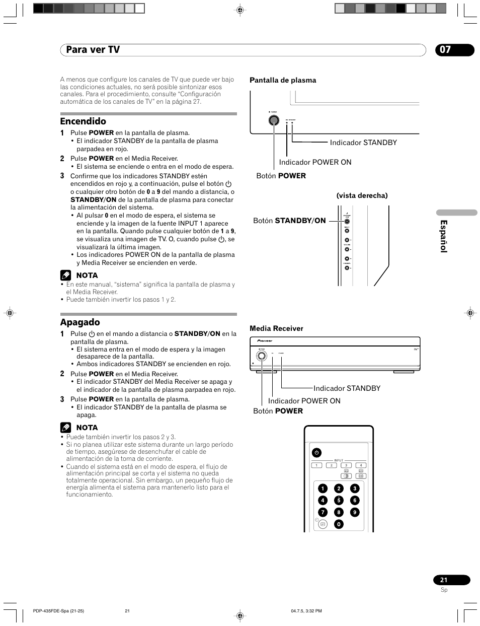 07 para ver tv, Encendido apagado, Encendido | Apagado | Pioneer PDP-505FDE User Manual | Page 113 / 140