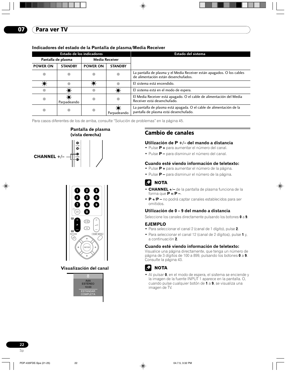Cambio de canales, 07 para ver tv | Pioneer PDP-505FDE User Manual | Page 114 / 140