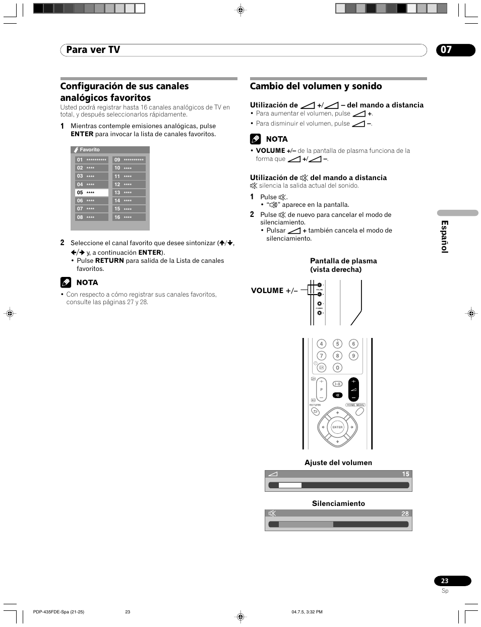 07 para ver tv, Configuración de sus canales analógicos favoritos, Cambio del volumen y sonido | Español | Pioneer PDP-505FDE User Manual | Page 115 / 140
