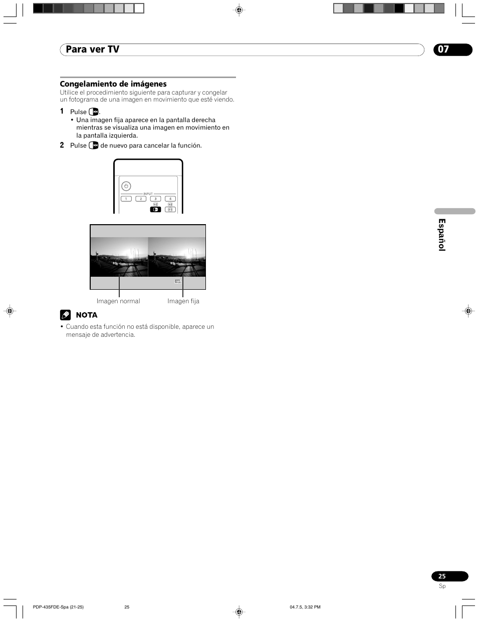 Congelamiento de imágenes, 07 para ver tv, Español | Pioneer PDP-505FDE User Manual | Page 117 / 140