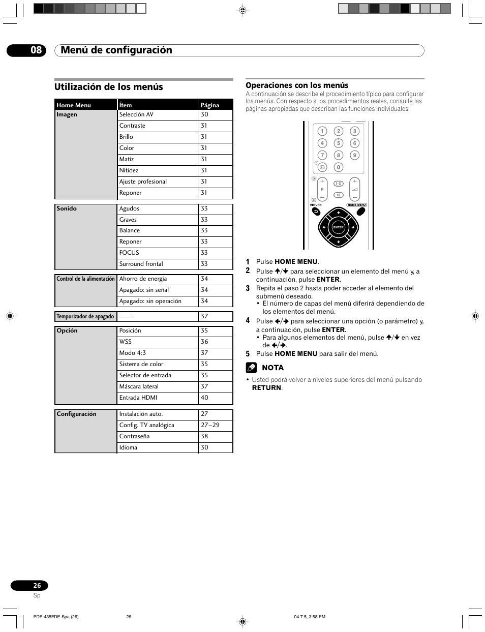 08 menú de configuración, Utilización de los menús, Operaciones con los menús | Pioneer PDP-505FDE User Manual | Page 118 / 140