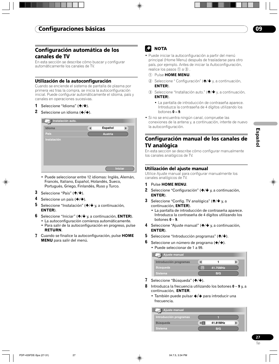 09 configuraciones básicas, Configuración automática de los canales de tv, Utilización de la autoconfiguración | Utilización del ajuste manual, Español | Pioneer PDP-505FDE User Manual | Page 119 / 140