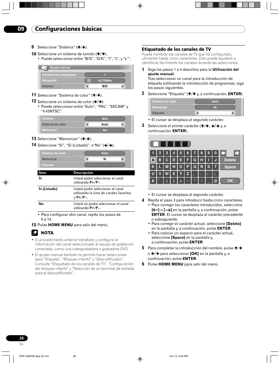 Etiquetado de los canales de tv, 09 configuraciones básicas | Pioneer PDP-505FDE User Manual | Page 120 / 140