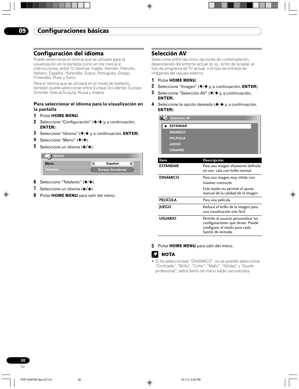 Configuración del idioma selección av, 09 configuraciones básicas, Configuración del idioma | Selección av | Pioneer PDP-505FDE User Manual | Page 122 / 140