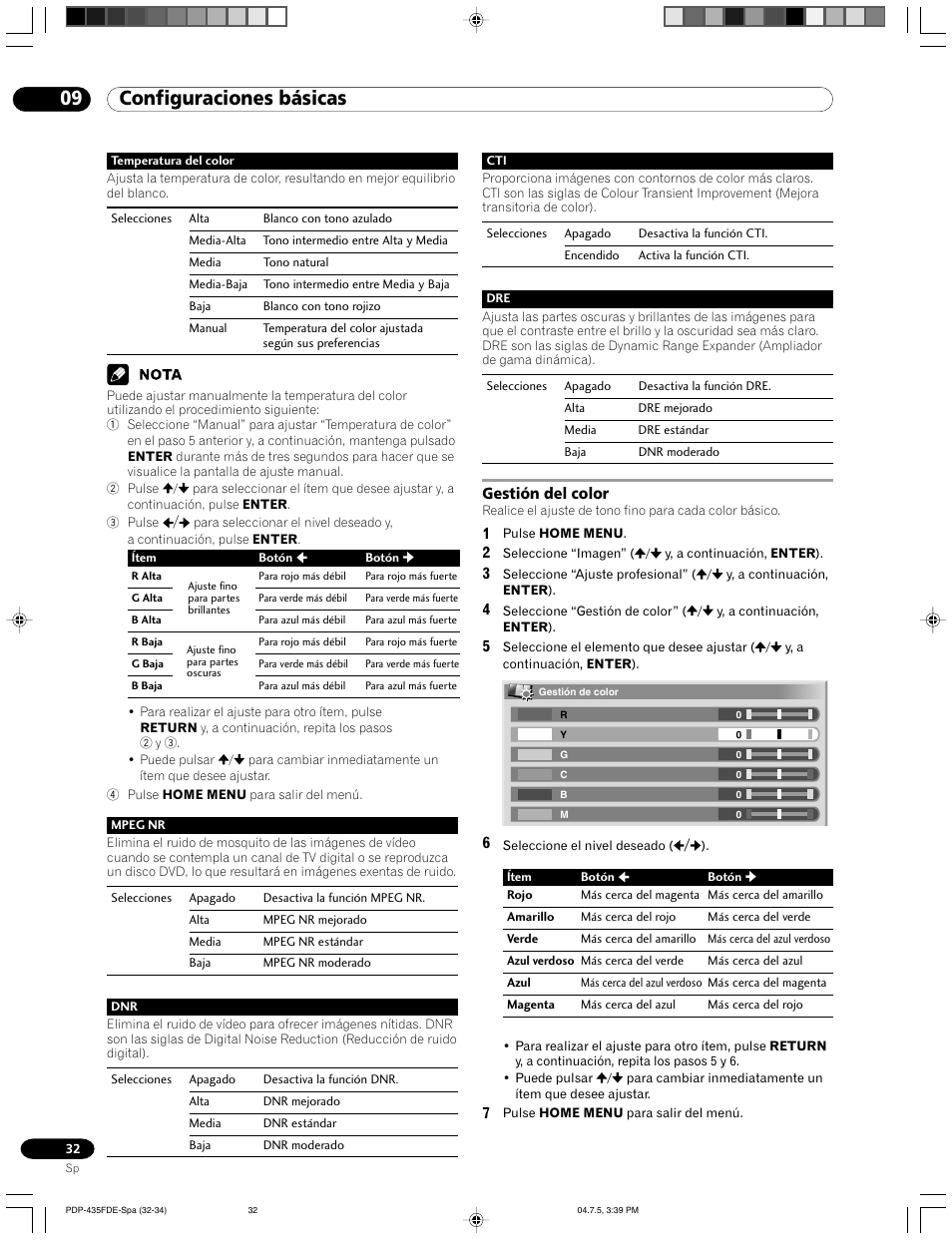 Gestión del color, 09 configuraciones básicas | Pioneer PDP-505FDE User Manual | Page 124 / 140