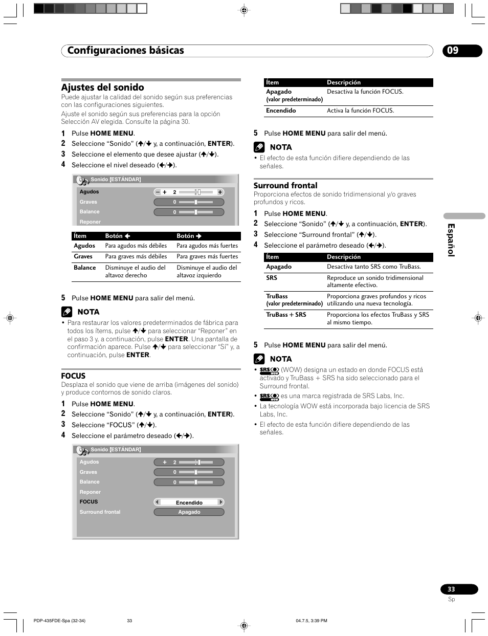 Ajustes del sonido, Focus surround frontal, 09 configuraciones básicas | Español | Pioneer PDP-505FDE User Manual | Page 125 / 140