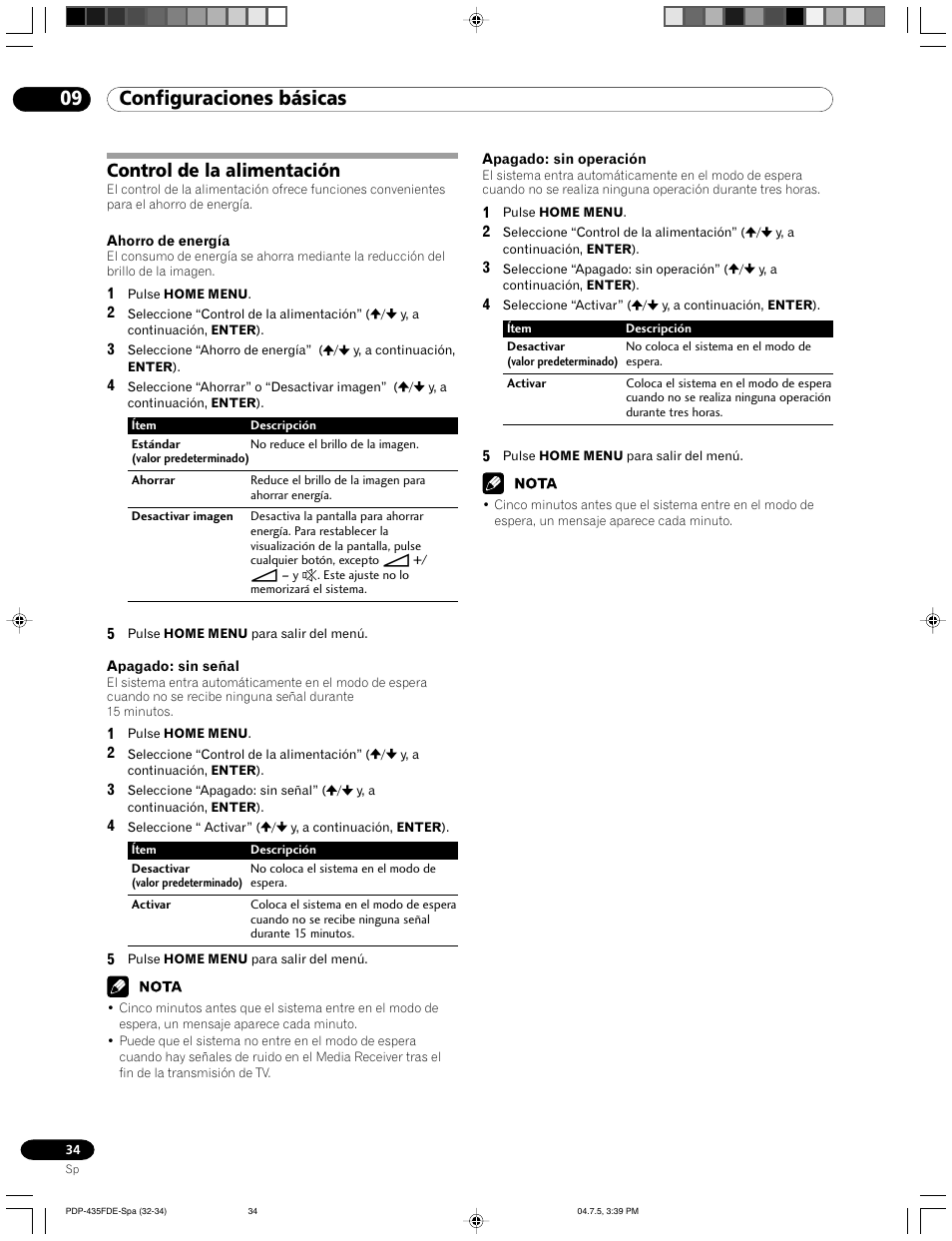 Control de la alimentación, 09 configuraciones básicas | Pioneer PDP-505FDE User Manual | Page 126 / 140