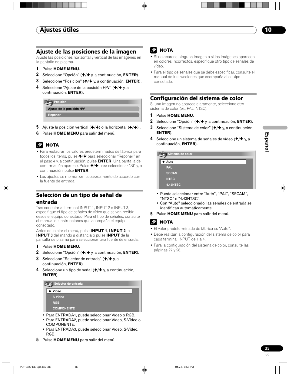 10 ajustes útiles, Ajuste de las posiciones de la imagen, Selección de un tipo de señal de entrada | Configuración del sistema de color, Español | Pioneer PDP-505FDE User Manual | Page 127 / 140