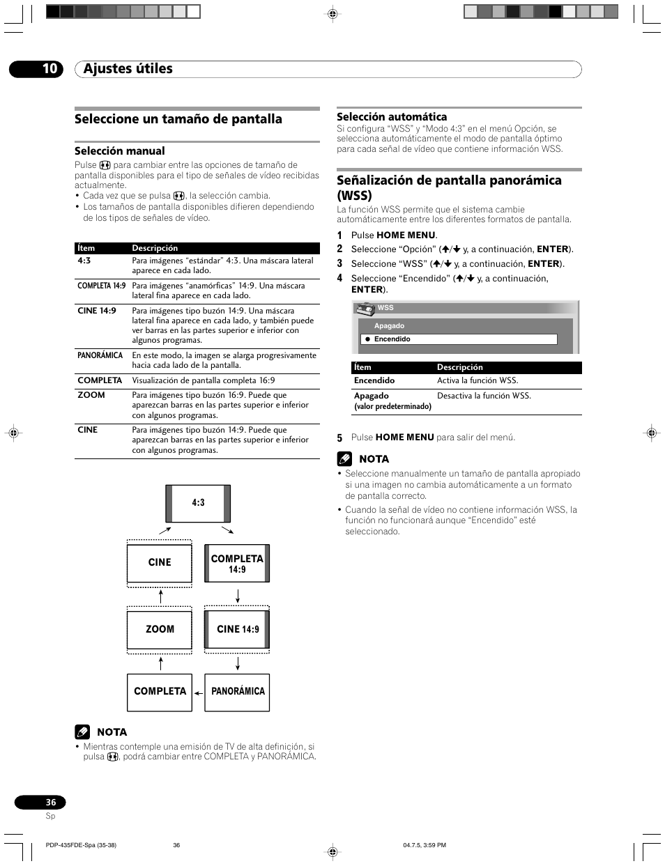 Seleccione un tamaño de pantalla, Selección manual selección automática, Señalización de pantalla panorámica (wss) | 10 ajustes útiles | Pioneer PDP-505FDE User Manual | Page 128 / 140