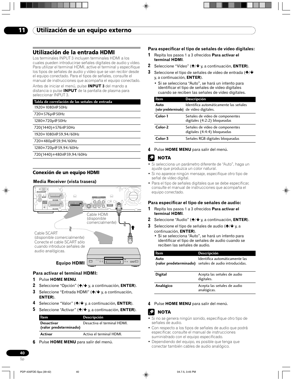 Utilización de la entrada hdmi, Conexión de un equipo hdmi, 11 utilización de un equipo externo | Pioneer PDP-505FDE User Manual | Page 132 / 140