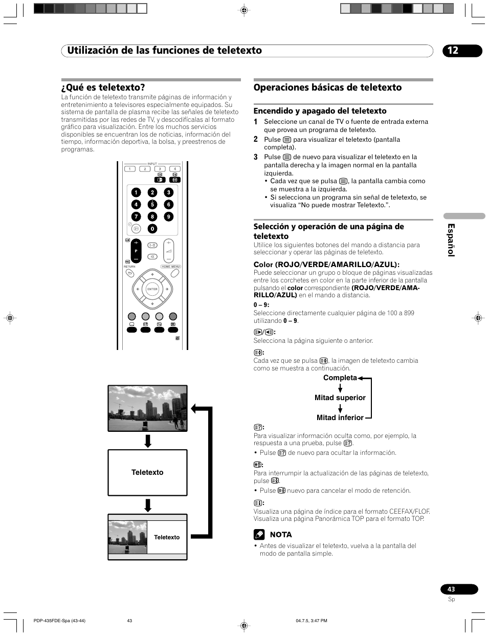 12 utilización de las funciones de teletexto, Qué es teletexto? operaciones básicas de teletexto, Qué es teletexto | Operaciones básicas de teletexto, Español | Pioneer PDP-505FDE User Manual | Page 135 / 140