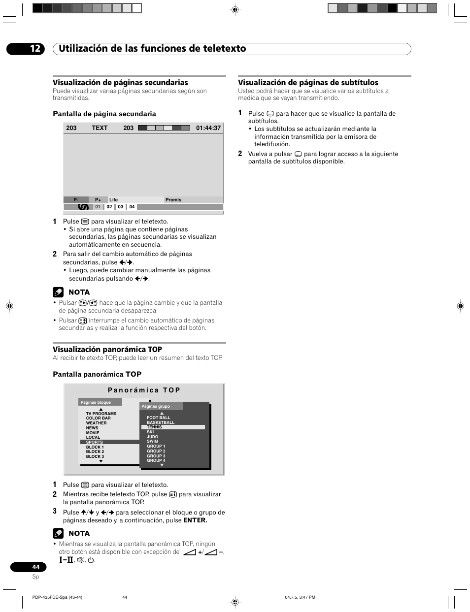 12 utilización de las funciones de teletexto | Pioneer PDP-505FDE User Manual | Page 136 / 140