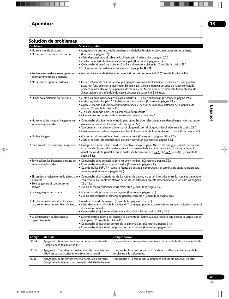 13 apéndice, Solución de problemas, Apéndice | Español | Pioneer PDP-505FDE User Manual | Page 137 / 140