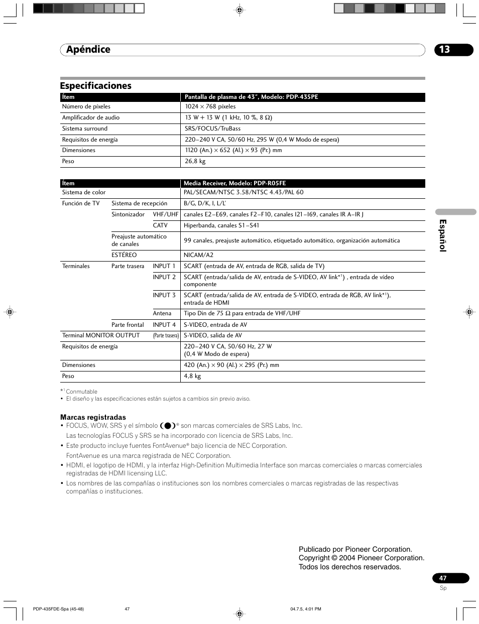 Especificaciones, Apéndice, Español | Pioneer PDP-505FDE User Manual | Page 139 / 140