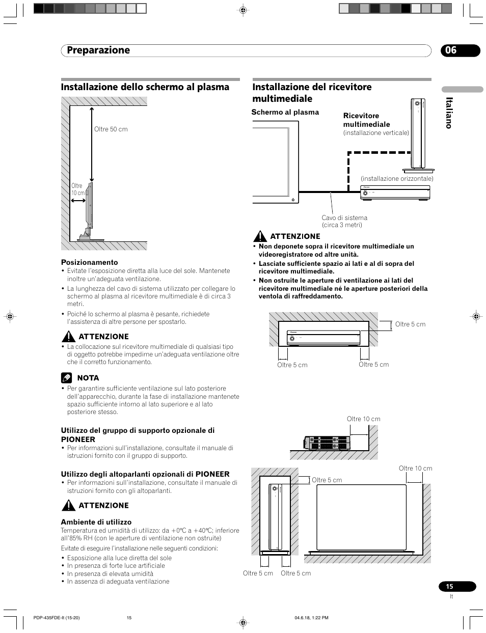 06 preparazione, Installazione dello schermo al plasma, Installazione del ricevitore multimediale | Italiano | Pioneer PDP-505FDE User Manual | Page 15 / 140