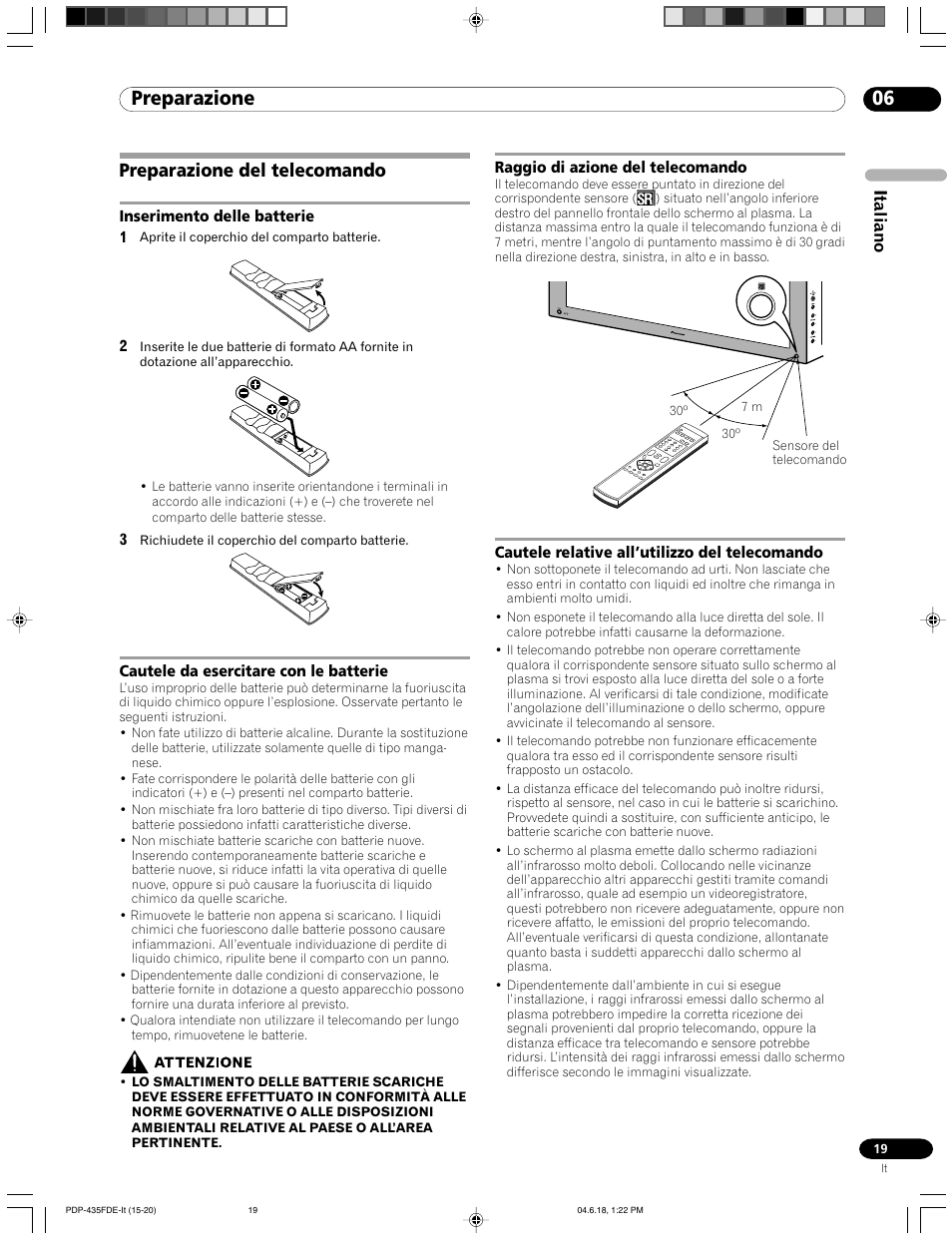 Preparazione del telecomando, 06 preparazione, Italiano | Pioneer PDP-505FDE User Manual | Page 19 / 140