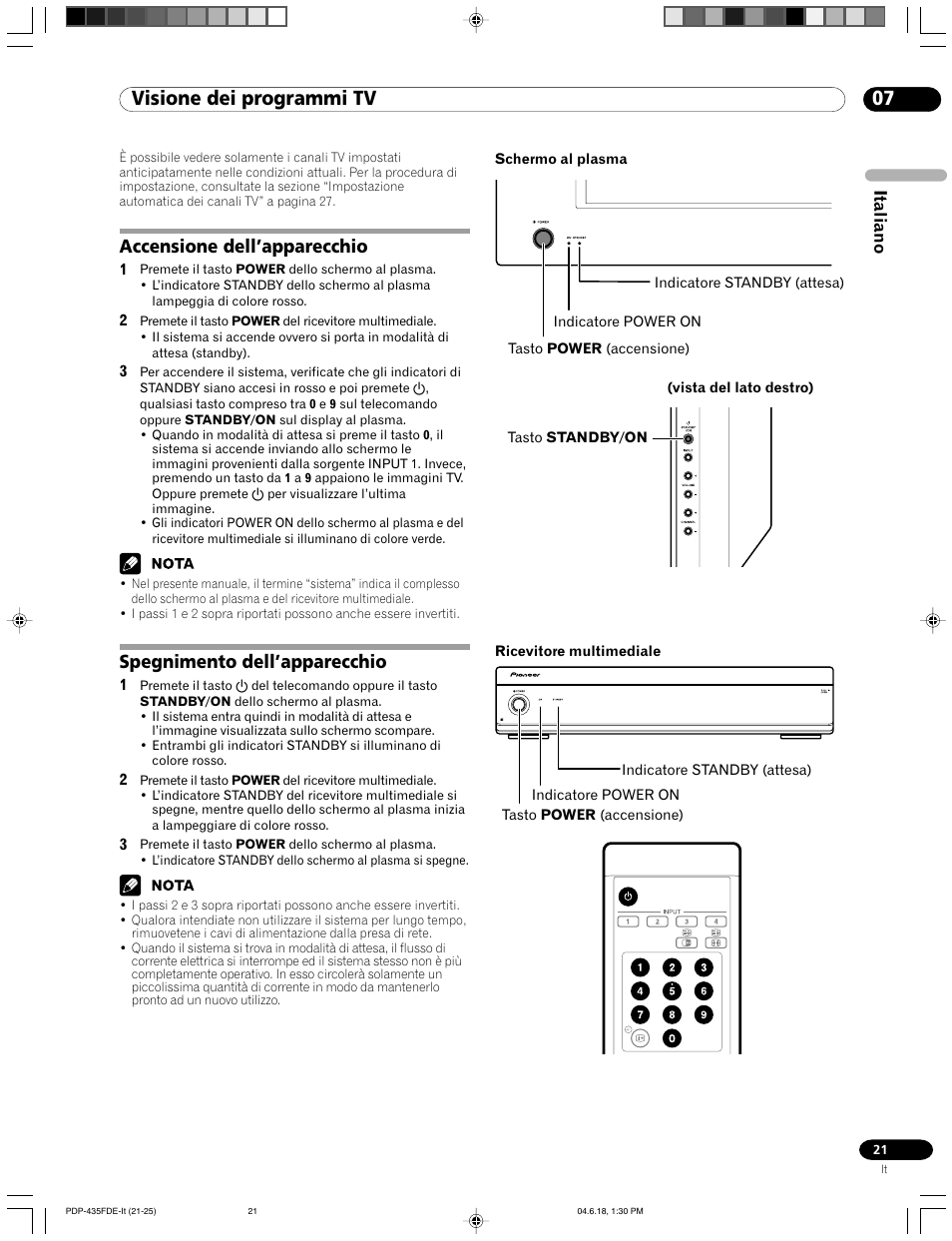 07 visione dei programmi tv, Accensione dell’apparecchio, Spegnimento dell’apparecchio | Pioneer PDP-505FDE User Manual | Page 21 / 140