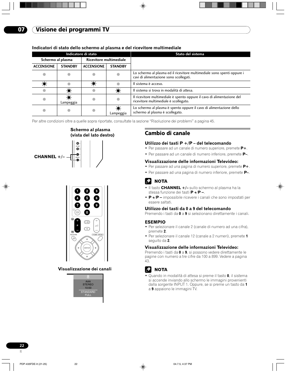 Cambio di canale, 07 visione dei programmi tv | Pioneer PDP-505FDE User Manual | Page 22 / 140