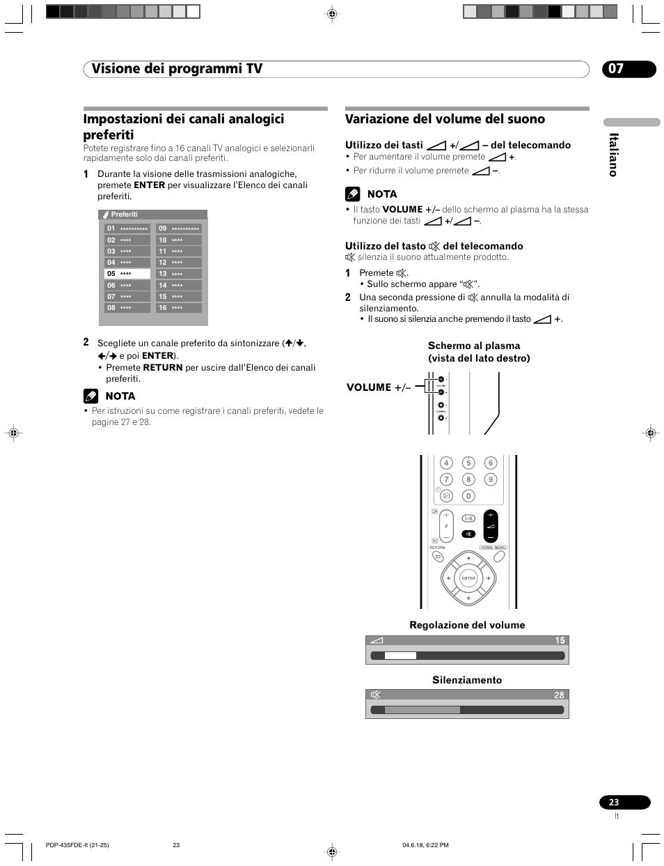07 visione dei programmi tv, Variazione del volume del suono, Impostazioni dei canali analogici preferiti | Italiano | Pioneer PDP-505FDE User Manual | Page 23 / 140