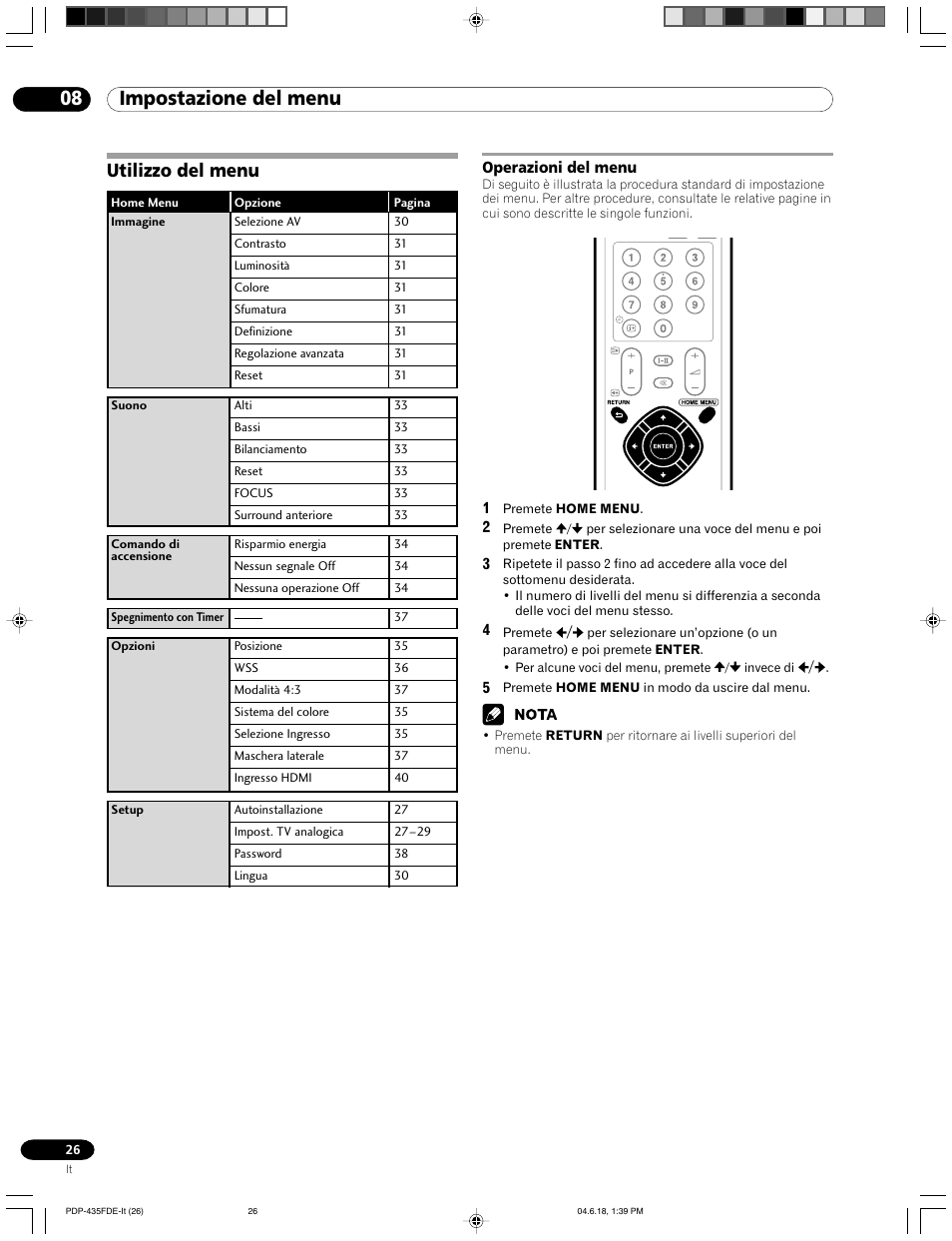 08 impostazione del menu, Utilizzo del menu, Operazioni del menu | Pioneer PDP-505FDE User Manual | Page 26 / 140