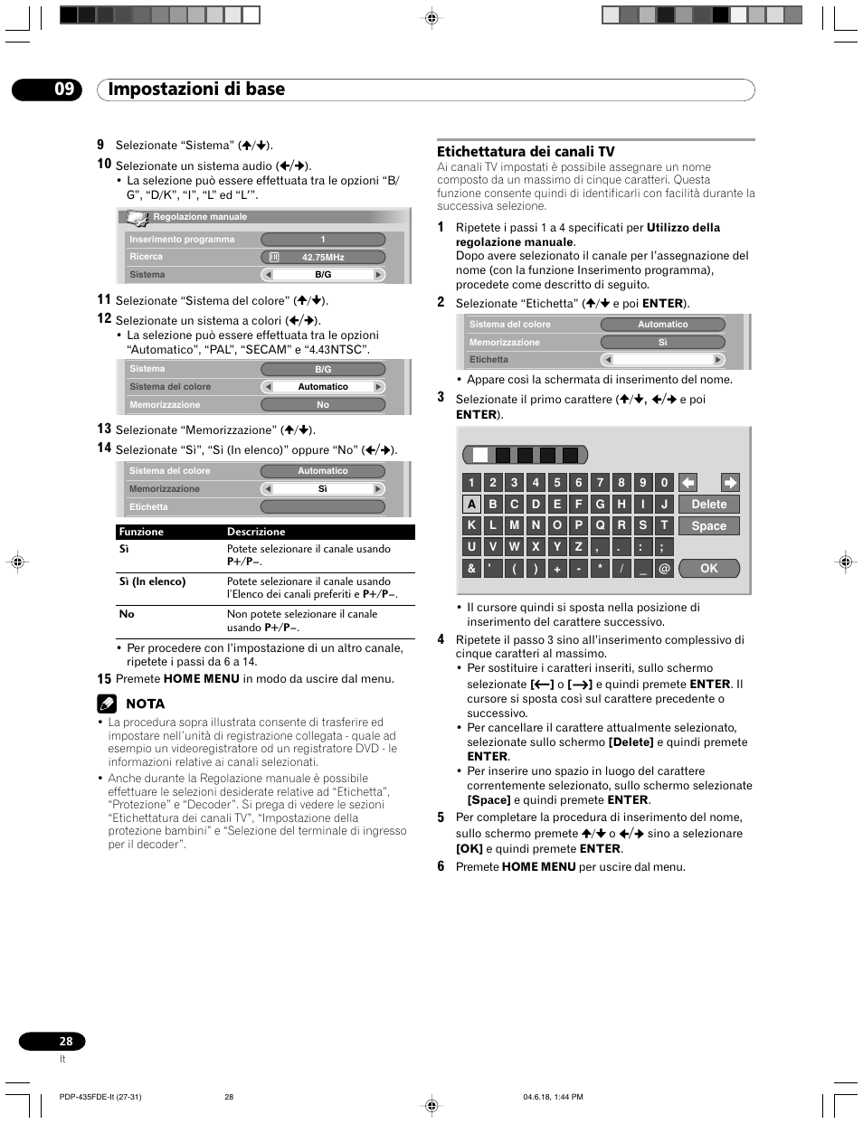 Etichettatura dei canali tv, 09 impostazioni di base | Pioneer PDP-505FDE User Manual | Page 28 / 140