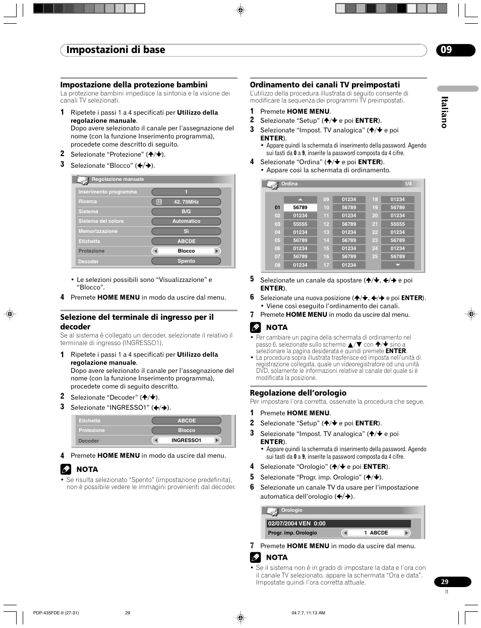 09 impostazioni di base, Italiano | Pioneer PDP-505FDE User Manual | Page 29 / 140