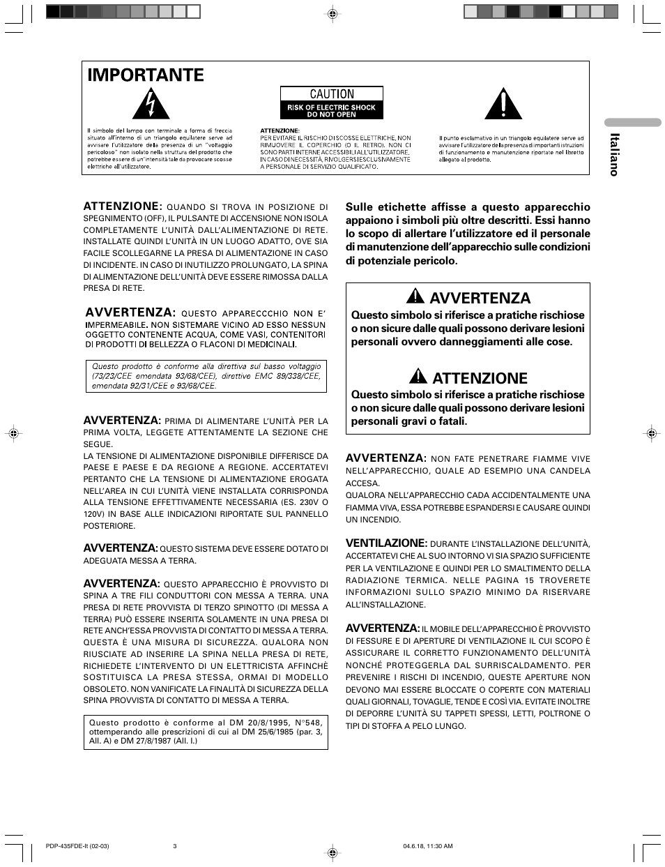 Avvertenza, Attenzione, Italiano | Pioneer PDP-505FDE User Manual | Page 3 / 140