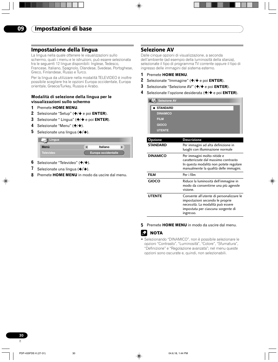Impostazione della lingua selezione av, 09 impostazioni di base, Impostazione della lingua | Selezione av | Pioneer PDP-505FDE User Manual | Page 30 / 140