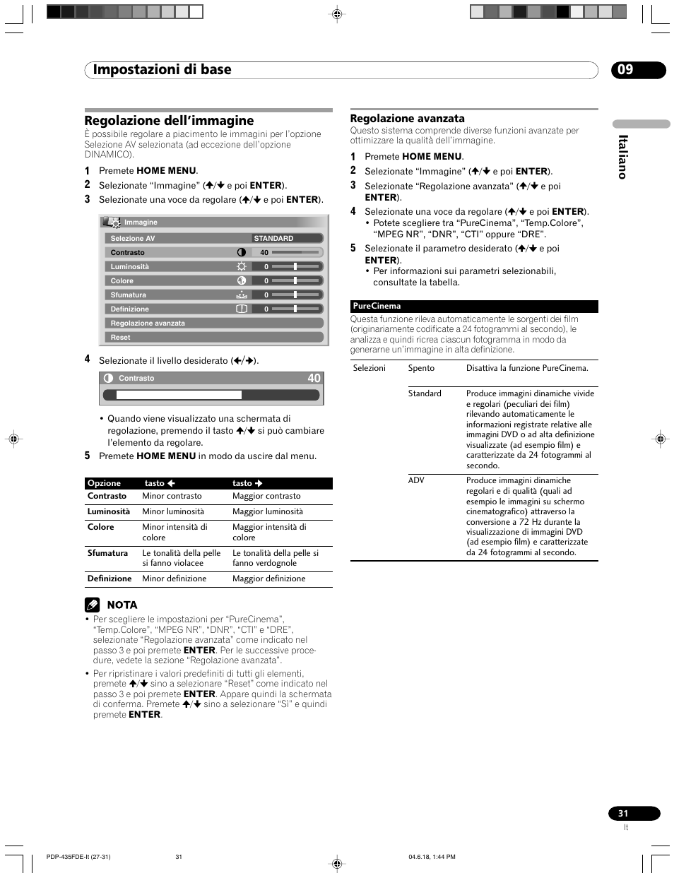 Regolazione dell’immagine, Regolazione avanzata, 09 impostazioni di base | Italiano | Pioneer PDP-505FDE User Manual | Page 31 / 140