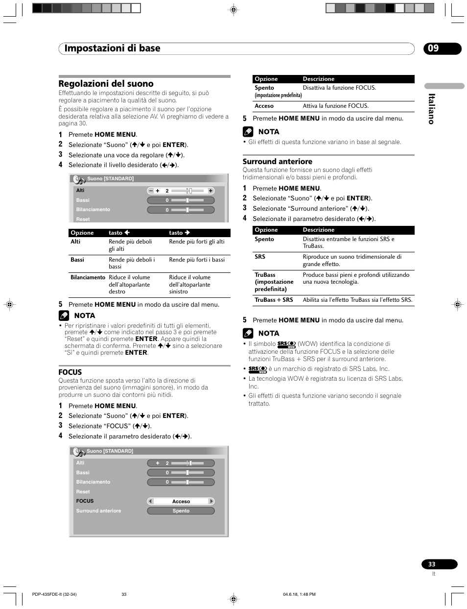 Regolazioni del suono, Focus surround anteriore, 09 impostazioni di base | Italiano | Pioneer PDP-505FDE User Manual | Page 33 / 140