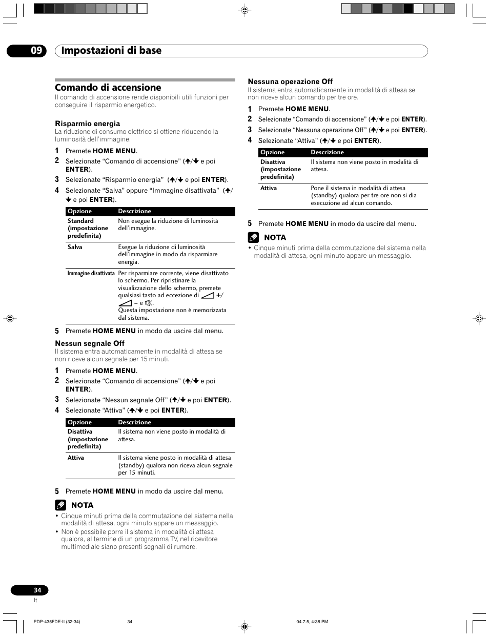 Comando di accensione, 09 impostazioni di base | Pioneer PDP-505FDE User Manual | Page 34 / 140