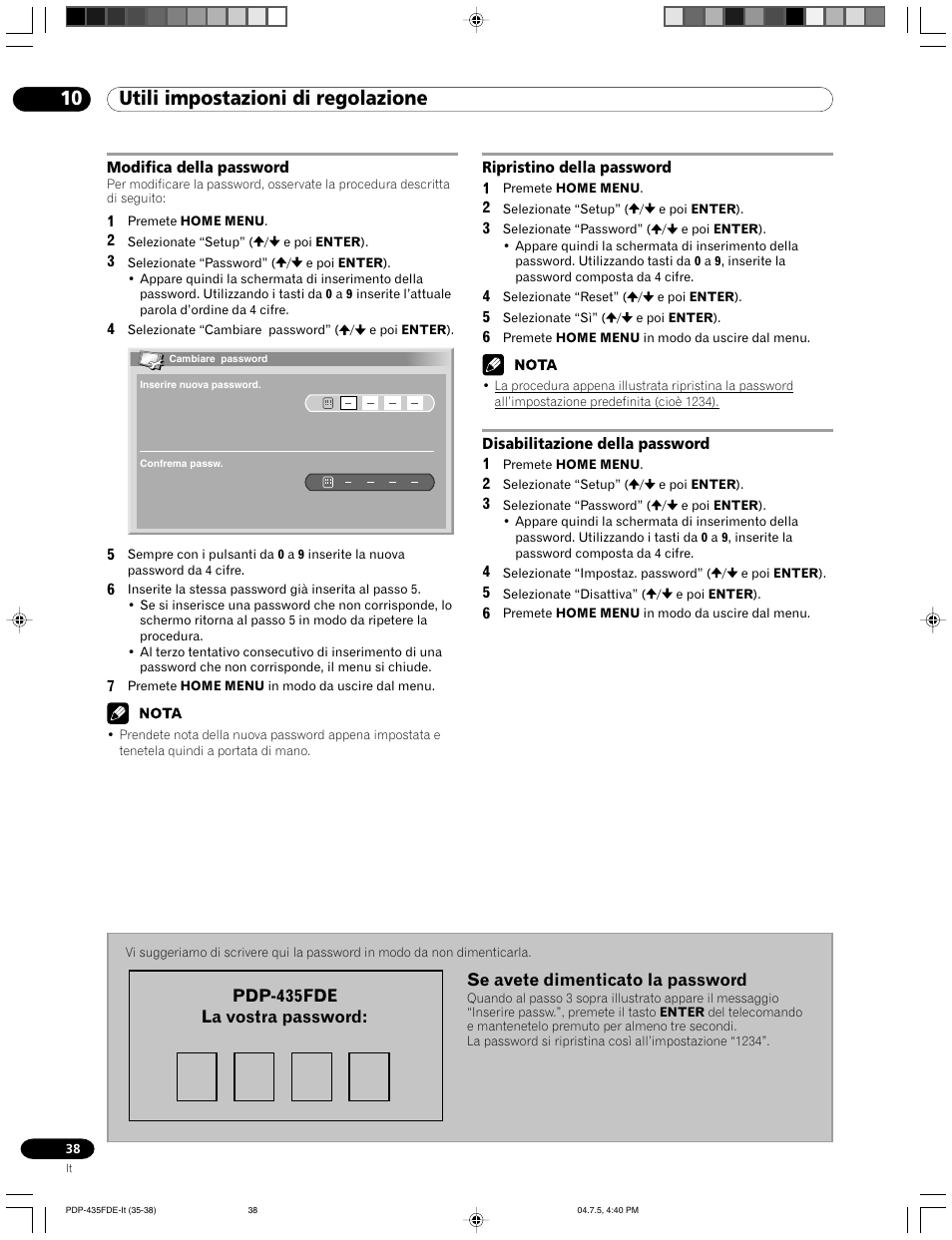 10 utili impostazioni di regolazione | Pioneer PDP-505FDE User Manual | Page 38 / 140