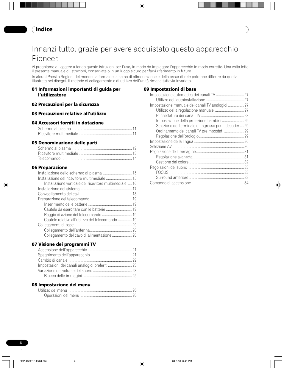 Istruzioni per l’uso, Pdp-435fde, Indice | Pioneer PDP-505FDE User Manual | Page 4 / 140