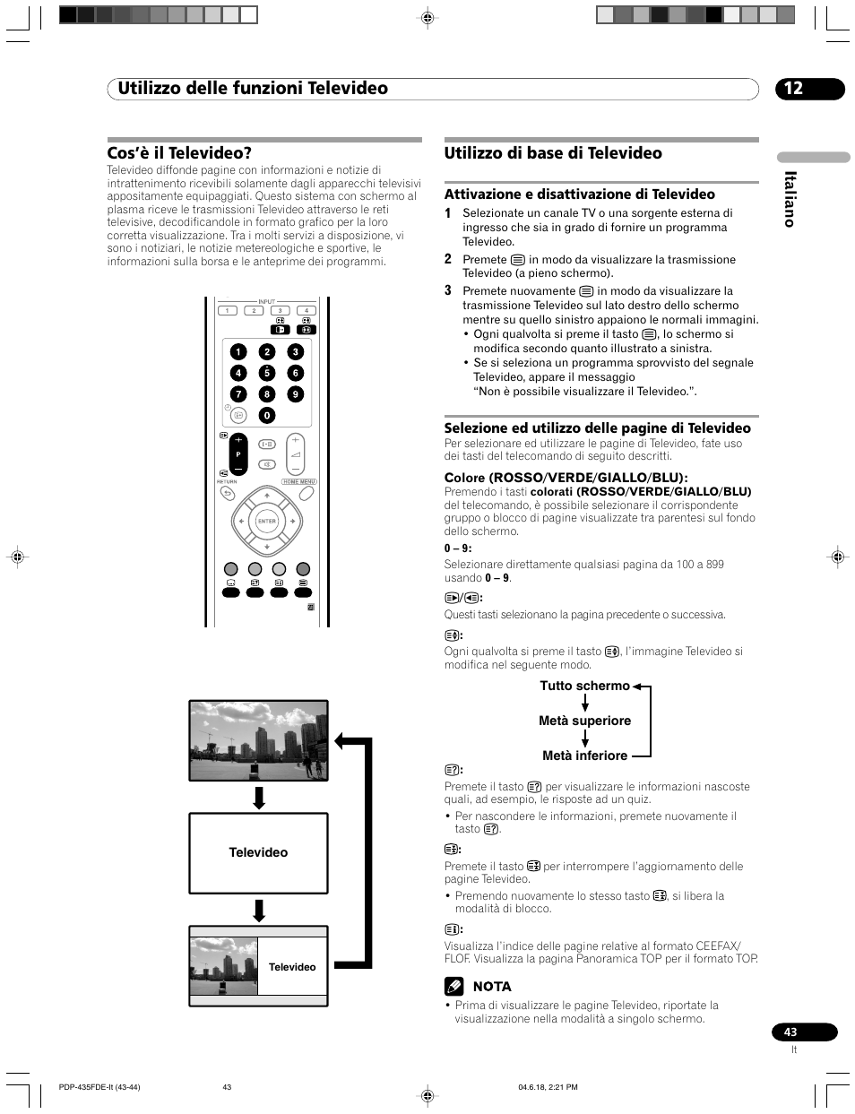 12 utilizzo delle funzioni televideo, Cos’è il televideo? utilizzo di base di televideo, Cos’è il televideo | Utilizzo di base di televideo, Italiano | Pioneer PDP-505FDE User Manual | Page 43 / 140