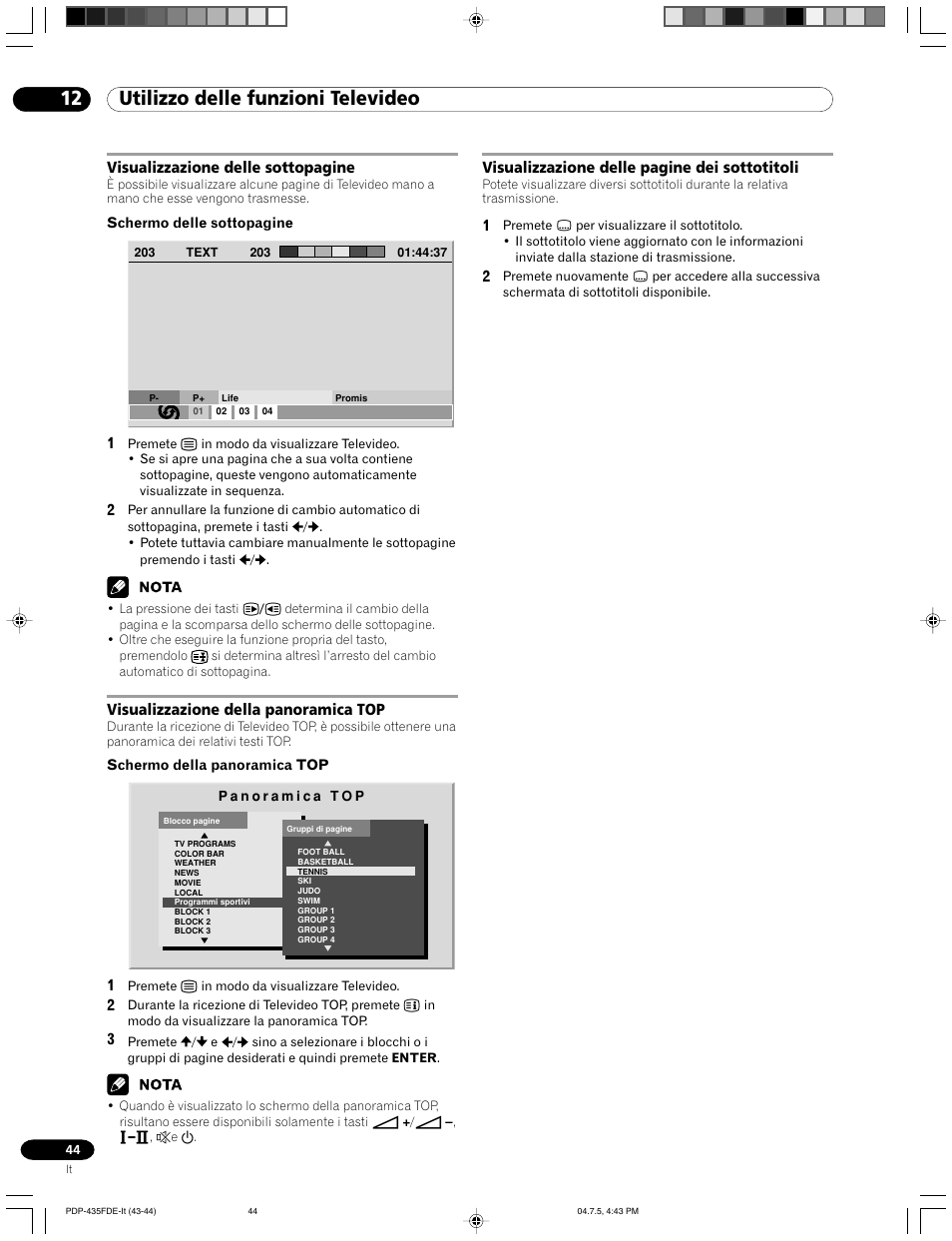 12 utilizzo delle funzioni televideo | Pioneer PDP-505FDE User Manual | Page 44 / 140