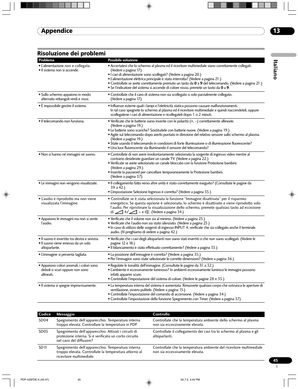 13 appendice, Risoluzione dei problemi, Appendice | Italiano | Pioneer PDP-505FDE User Manual | Page 45 / 140