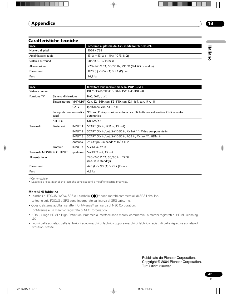 Caratteristiche tecniche, Appendice, Italiano | Pioneer PDP-505FDE User Manual | Page 47 / 140