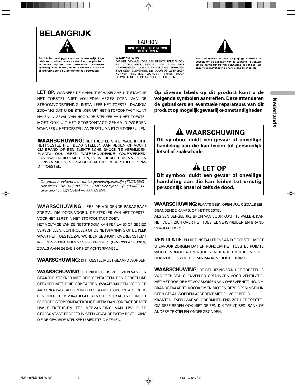Waarschuwing, Let op, Nederlands | Pioneer PDP-505FDE User Manual | Page 49 / 140
