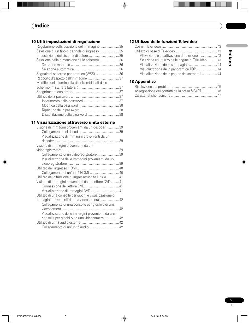 Indice | Pioneer PDP-505FDE User Manual | Page 5 / 140